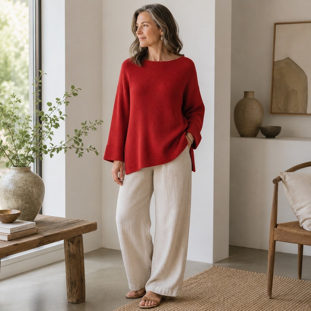 Eileen Fisher Organic Cotton Rib Knit Tunic Sweater Red Boat Neck Women's XS
